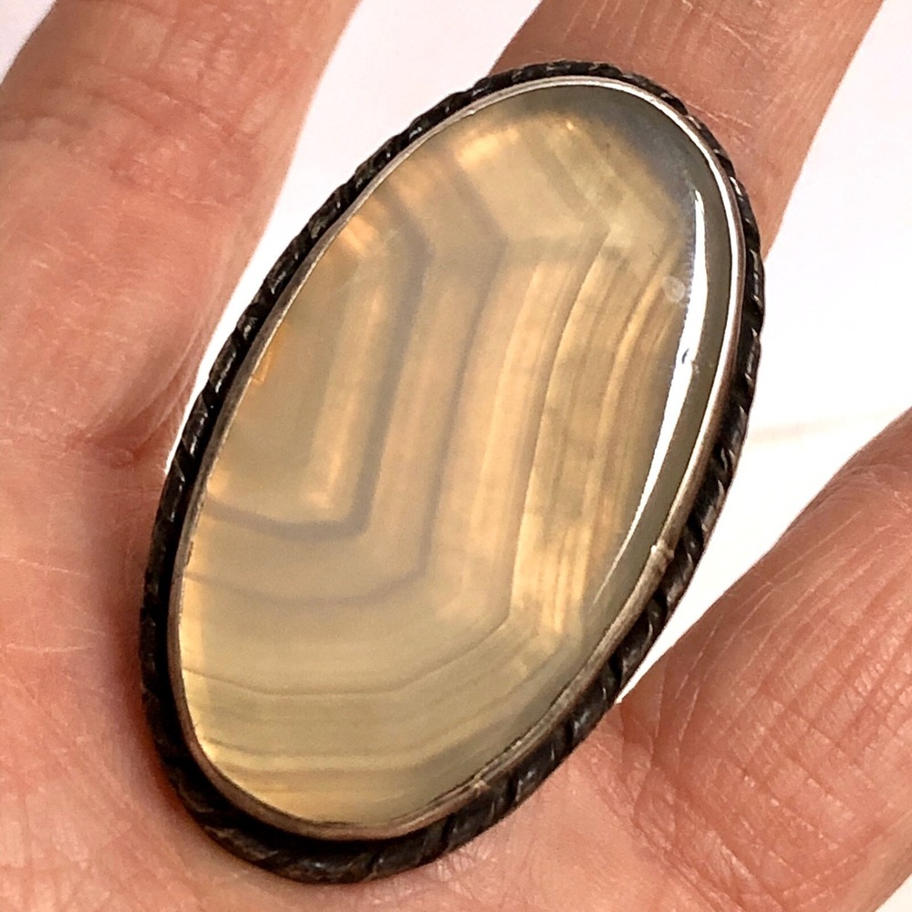 VTG Big Navajo Ring Sz 10 Banded Agate MCM‎ 1960s Sterling 61g Native Amer